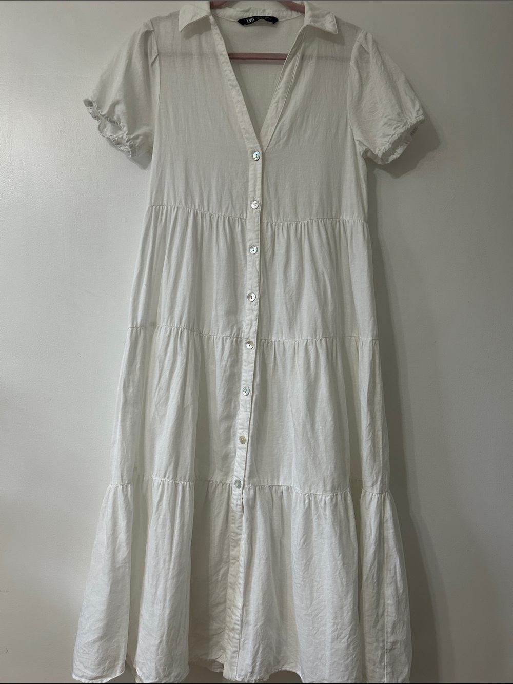 Zara Dress Linen Maxi Medium White Button-Front Tiered Cottagecore Puff Sleeve - Picture 14 of 14